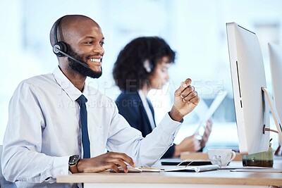 Buy stock photo Customer service, computer consulting and happy black man telemarketing on contact us CRM or telecom. Call center communication, online e commerce or information technology consultant on microphone