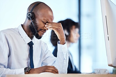 Buy stock photo Depression, burnout and stress by call center worker, employee and customer service consultant in office. Pain, mental health and headache telemarking agent overworked and frustrated at the workplace