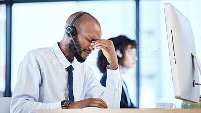 Buy stock photo Stress, burnout and headache by call center worker, employee and customer service consultant in office. Pain, mental health and depressed telemarking agent overworked and frustrated at the workplace