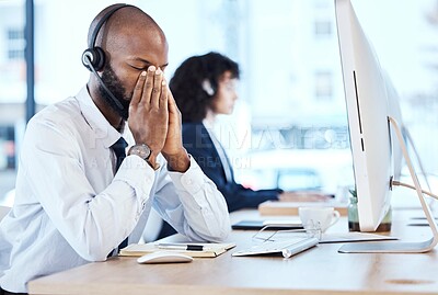 Buy stock photo Business, black man and stress in call center, headache and depression with telemarketing, burnout and tired. Corporate, African American male agent or consultant with computer, overworked or anxiety