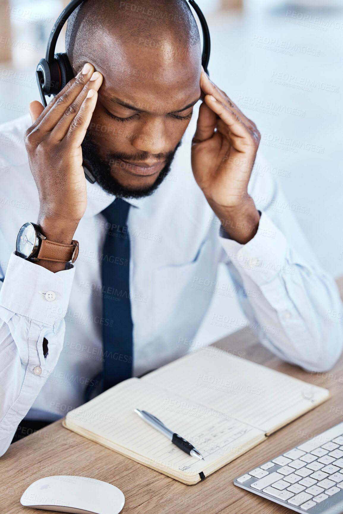 Buy stock photo Stress, burnout and anxiety by call center worker, employee and customer service consultant in office. Headache, mental health and depressed telemarking agent frustrated at the workplace