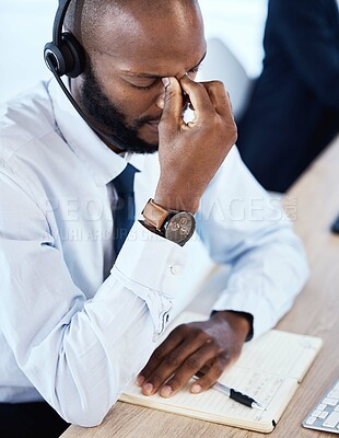 Buy stock photo Sad, anxiety and headache by consultant worker, customer service and call center employee in office. Pain, mental health and depressed telemarketing agent overworked and frustrated at the workplace