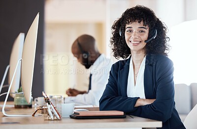 Buy stock photo Portrait, call center and black woman in a sales and lead generation consultant office. Customer service, digital web support and contact us employee with smile from online consulting job and career