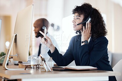 Buy stock photo Crm, black woman and conversation of a call center, contact us and telemarketing employee. Business worker, web help and computer communication of an online consulting agent doing customer service