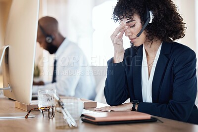 Buy stock photo Stress, anxiety and depression female call center agent frustrated and sad in an office or workplace. Headache, pain  by customer service worker, employee or consultant feeling depressed