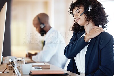 Buy stock photo Business, black woman and neck pain in call center, burnout and telemarketing for customer service. Corporate, female agent and consultant with muscle tension, fatigue and strain in modern office