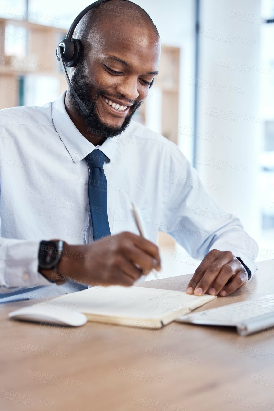 Buy stock photo Customer service, consulting notebook and black man writing telemarketing summary for contact us CRM. Call center communication, e commerce telecom or information technology consultant on microphone