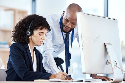 Buy stock photo Telemarketing, manager help consultant and call center in modern office, business and writing notes. Customer service, woman and black man in workplace, coaching and training for process and system