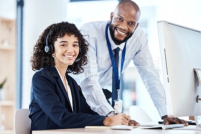 Buy stock photo Call center, customer service and portrait of a manager with a consultant helping with a consultation online. Happy, smile and professional telemarketing agents working on crm strategy in the office.