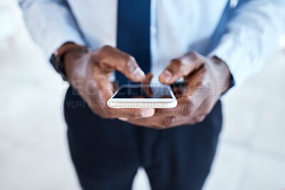 Buy stock photo Black man hands , phone screen and digital communication with 5g connection. Writing, social media scroll and email typing business employee outdoor networking online on technology and internet