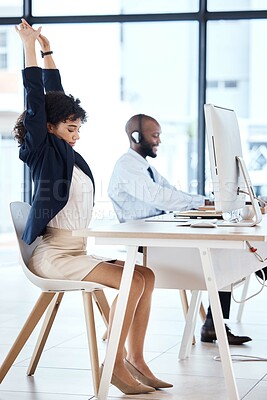 Buy stock photo Customer service, computer consulting and stretching woman telemarketing on contact us CRM or telecom. Call center communication, e commerce and tired information technology consultant on microphone