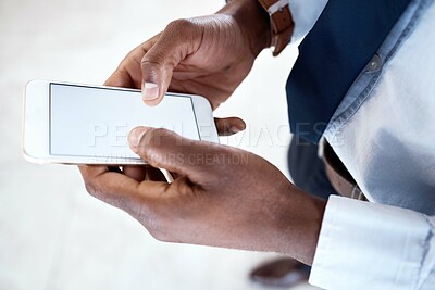 Buy stock photo Black man hands, blank phone screen and digital business communication on 5g connection. Writing, social media scroll and email typing corporate employee networking online on technology and internet