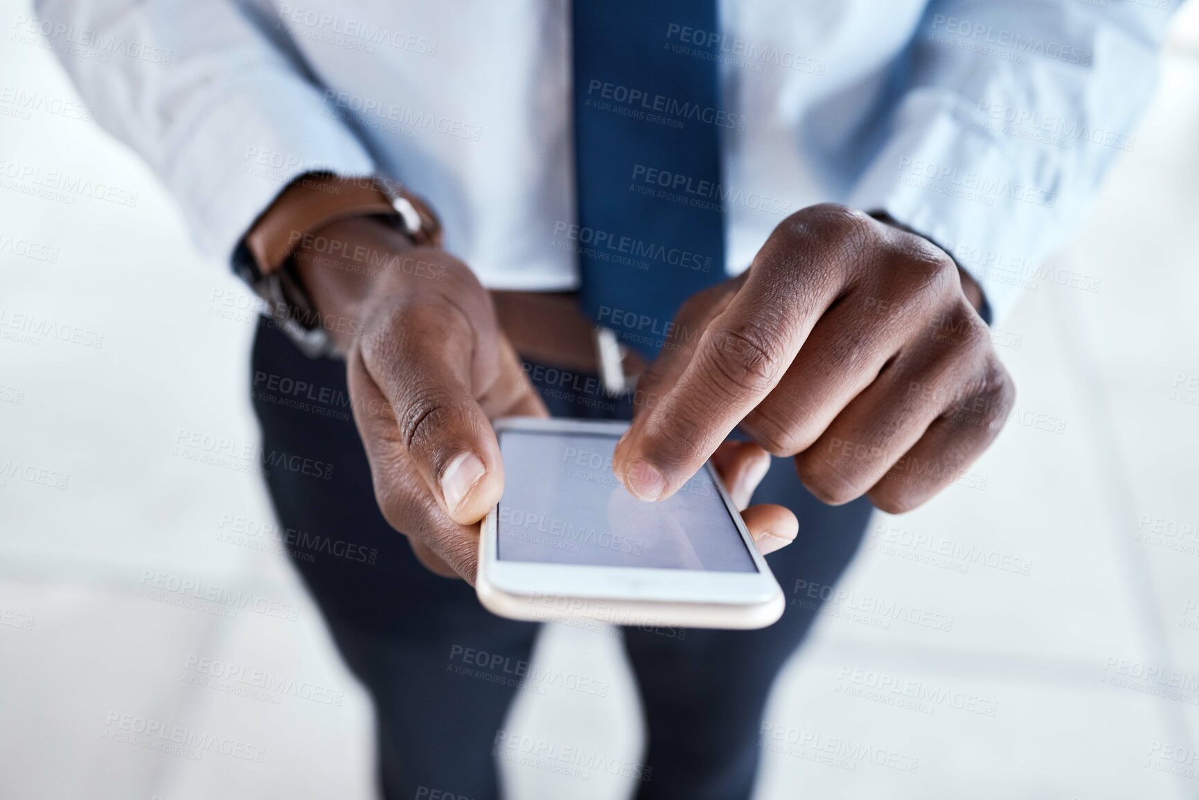 Buy stock photo Black man hands , phone screen zoom and mobile communication with 5g connection. Writing, social media scroll and email typing business employee outdoor networking online on technology and internet