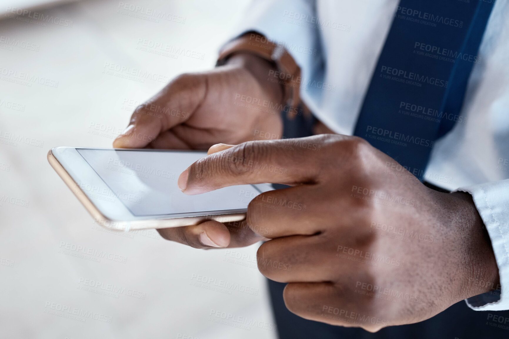 Buy stock photo Hands, phone screen and black man in office with typing, communication and texting on chat app. Businessman, smartphone and reading on iot ux, schedule or planning for start to morning in workplace