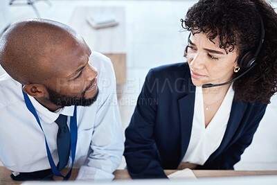 Buy stock photo Callcenter face, confused or teamwork on computer for 404 glitch, consulting error or bad feedback in office. CRM or black man and woman on tech telemarketing, mistake or customer support service