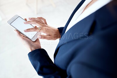 Buy stock photo Phone, mockup and hands of business woman texting, advertising and copy space on white background. Space, branding and smartphone screen with lady browsing, internet and search, app and website 