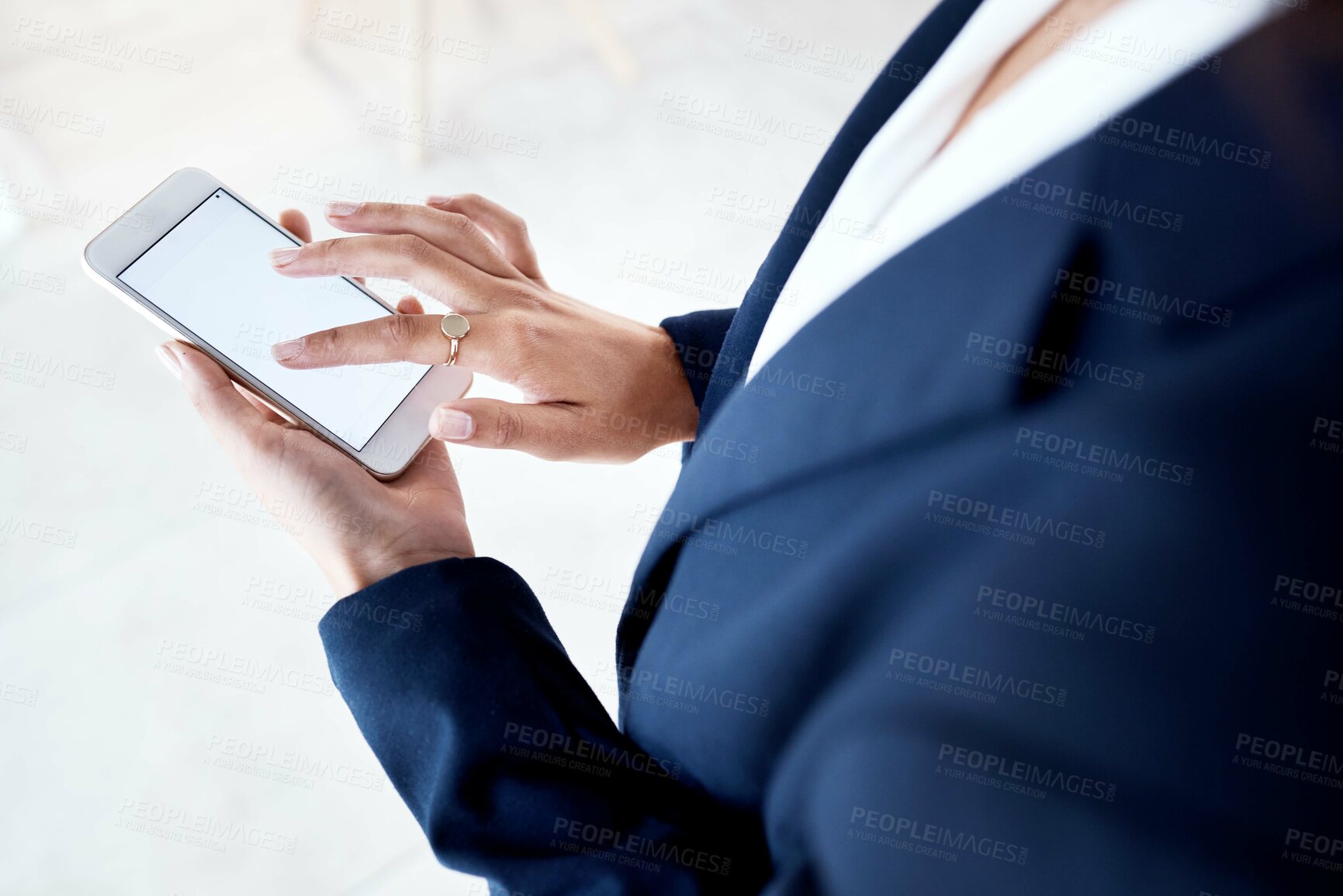 Buy stock photo Phone, mockup and hands of business woman texting, advertising and copy space on white background. Space, branding and smartphone screen with lady browsing, internet and search, app and website 