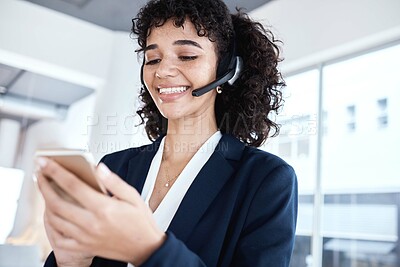 Buy stock photo Callcenter, customer service or woman with phone for comic social media, blog news or networking. CRM, search or happy consultant on smartphone for telemarketing, research or online bet app success
