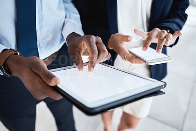 Buy stock photo Business people, hands and tablet with screen on mockup for corporate networking, advertising or marketing. Hand of employee team on touchscreen and phone display for digital advertisement or app