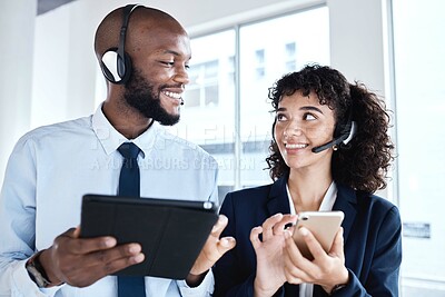 Buy stock photo Call center employees, contact us and technology with team, tablet and smartphone with communication. CRM, customer service or tech support with telemarketing, black man and woman with teamwork