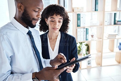 Buy stock photo Black man, woman and tablet in office for teamwork, analysis and planning schedule at startup. Executive assistant, boss and mobile touchscreen for discussion, strategy or goal at web design company