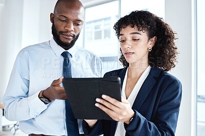 Buy stock photo Office tablet, partnership teamwork and black people review finance portfolio feedback, stock market database or investment. Economy, forex account manager and trader trading NFT, bitcoin or crypto