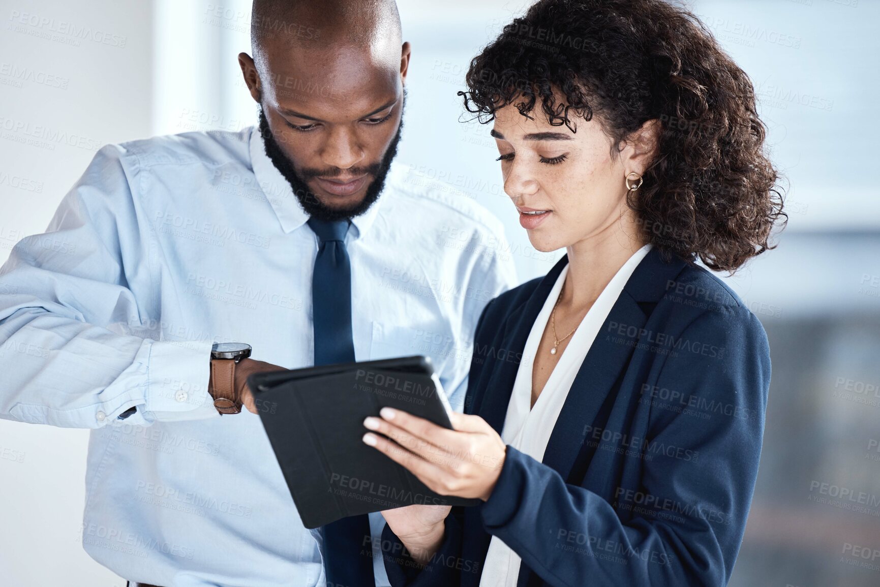 Buy stock photo Office tablet, African teamwork and business people review finance portfolio feedback, stock market database or investment. Economy, forex account manager and trader trading NFT, bitcoin or crypto