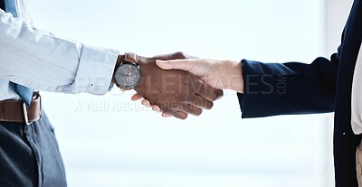 Buy stock photo Handshake, b2b deal and thank you hand sign of a business agreement in crm meeting. Leadership, contract success and office team shaking hands for an interview, onboarding and hiring congratulations