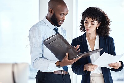 Buy stock photo Financial portfolio, team collaboration or business people review documents, stock market feedback or investment. African economy, trading account manager or administration teamwork on finance budget