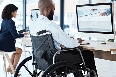 Buy stock photo Wheelchair, office and black man disability in the workplace doing business analyst work. Working, computer and desk job of a disabled worker back planning a digital strategy for inclusive job