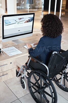 Buy stock photo Business woman, wheelchair and disability of a database administrator working on a computer. Office, disabled employee back and website data reading of a female typing a digital web strategy