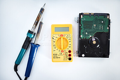 Buy stock photo Tools to fix computer parts, hard drive and isolated on white background, technology and engineering in repair workshop. Hardware maintenance, problem diagnosis and machine assembly in empty studio.