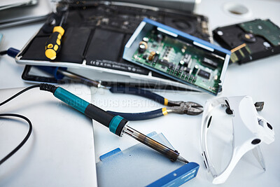 Buy stock photo Tools, computer hardware and equipment in the office for tech repairs, maintenance or upgrade. Database, technology and supplies for electric board servers on a desk in the it industry workplace.