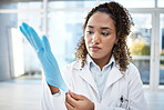 Black woman, science and medical research, gloves and hand, scientific innovation with safety and health science. Healthcare, doctor and investigation, forensic analysis with test, experiment and PPE