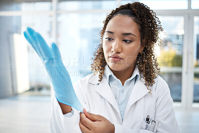 Buy stock photo Black woman, science and medical research, gloves and hand, scientific innovation with safety and health science. Healthcare, doctor and investigation, forensic analysis with test, experiment and PPE
