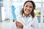 Black woman, scientist and medical research, gloves and hand, smile in portrait with safety and health science. Healthcare, doctor and investigation, forensic analysis with test, experiment and PPE