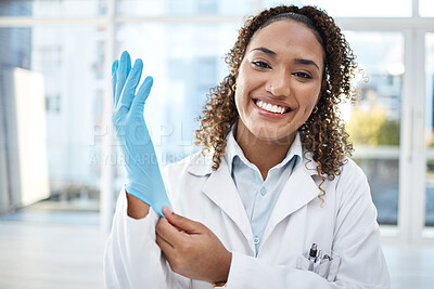 Buy stock photo Black woman, scientist and medical research, gloves and hand, smile in portrait with safety and health science. Healthcare, doctor and investigation, forensic analysis with test, experiment and PPE