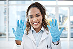 Black woman, science and research, gloves and hands, smile in portrait with safety and health science. Healthcare, doctor and investigation, forensic analysis with scientific innovation, test and PPE