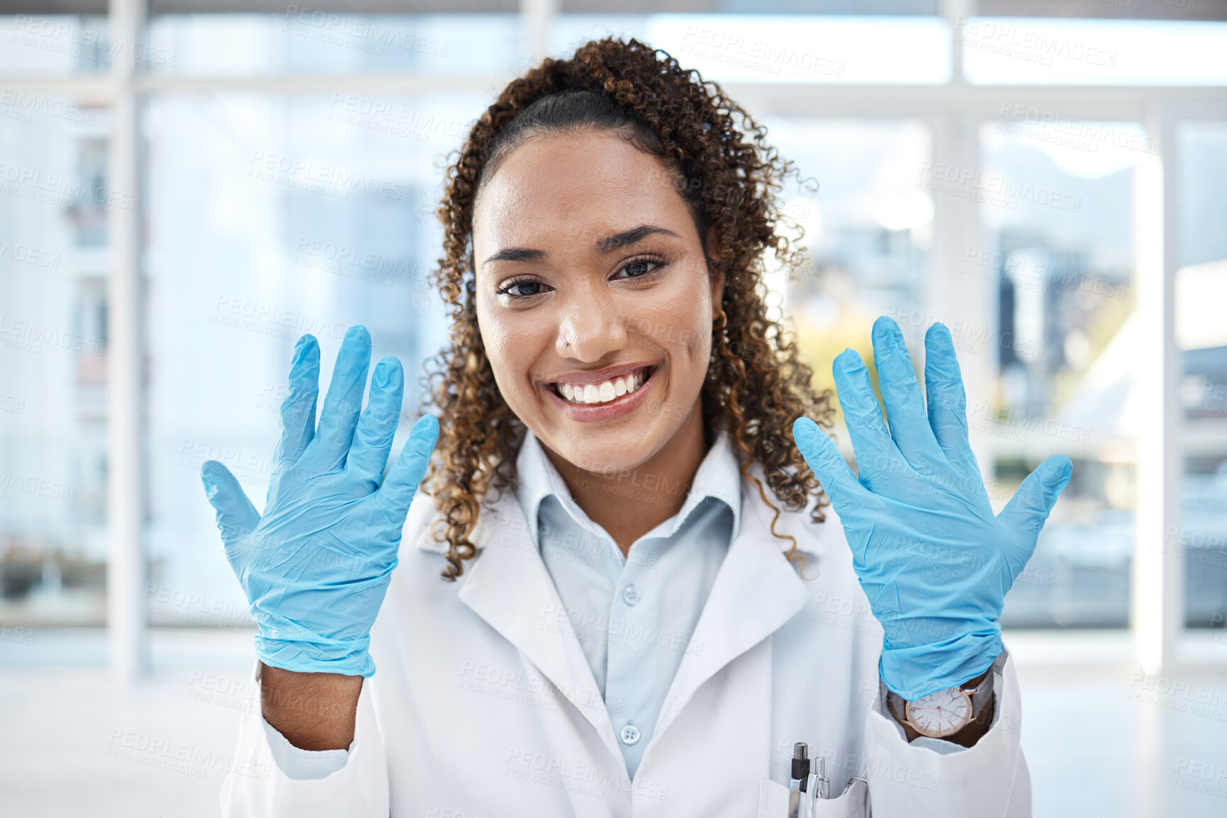 Buy stock photo Black woman, science and research, gloves and hands, smile in portrait with safety and health science. Healthcare, doctor and investigation, forensic analysis with scientific innovation, test and PPE