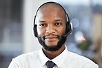 Customer support consulting, face portrait and black man telemarketing on contact us call center. Receptionist telecom, e commerce CRM or information technology consultant on microphone communication