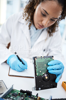 Buy stock photo Black woman technician, computer or laptop motherboard for cyber crime investigation, analysis and IT solution. Information technology engineer, notebook and lab with hard drive, writing and notes