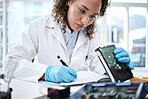 Black woman technician, computer or laptop circuit for cyber crime investigation, analysis and IT solution. Information technology engineer, notebook and laboratory for programming, writing and notes