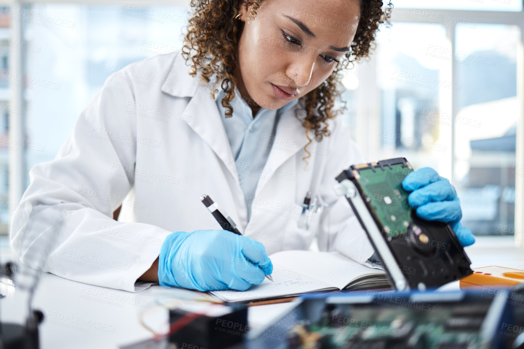 Buy stock photo Black woman technician, computer or laptop circuit for cyber crime investigation, analysis and IT solution. Information technology engineer, notebook and laboratory for programming, writing and notes