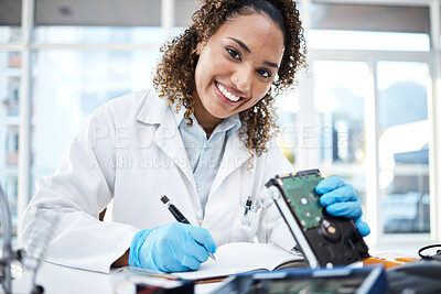 Buy stock photo Black woman, lab and computer circuit for portrait in cyber crime investigation, analysis and IT solution. Information technology engineer, notebook and laboratory for programmer, writing and notes