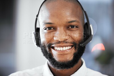 Buy stock photo Customer support consulting, face portrait and happy man telemarketing on contact us call center or telecom. E commerce CRM, information technology and African consultant on microphone communication