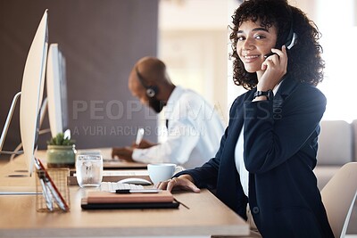 Buy stock photo Crm, callcenter portrait and black woman working on lead generation on a office call. Customer service, web support and contact us employee with a smile from online consulting job and career