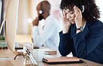 Mental health, depression and businesswoman or call center agent frustrated and sad in an office. Headache, pain and nausea by customer service worker, employee or consultant feeling depressed