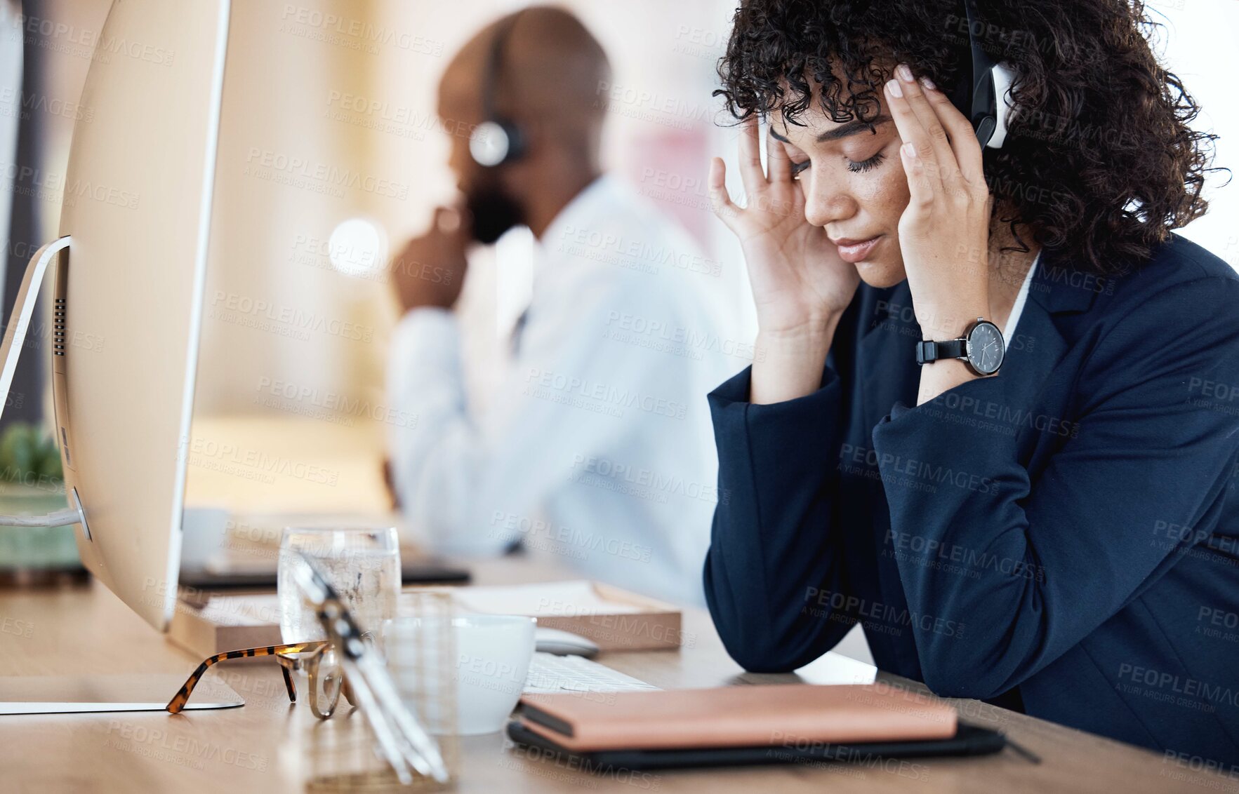 Buy stock photo Mental health, depression and businesswoman or call center agent frustrated and sad in an office. Headache, pain and nausea by customer service worker, employee or consultant feeling depressed