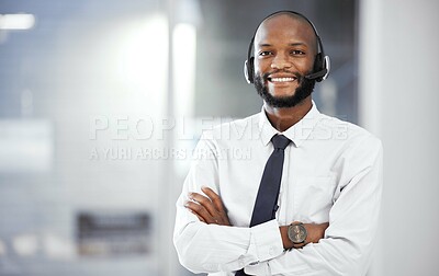 Buy stock photo Customer support portrait, happy and black man consulting on telemarketing, contact us CRM or telecom. Call center communication, e commerce mockup and information technology consultant on microphone