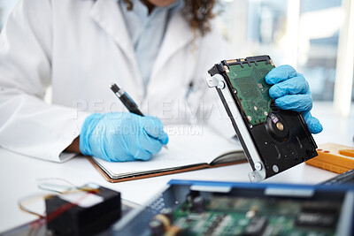 Buy stock photo Hands, technician and motherboard from computer, laptop or pc in cyber crime investigation, analysis and IT solution. Information technology engineer, book and lab for programming, writing and notes